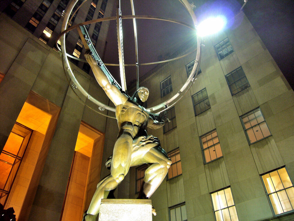 Il mitico titano Atlante nell'atto di reggere il cielo - Rockefeller Center titano, statua, mondo