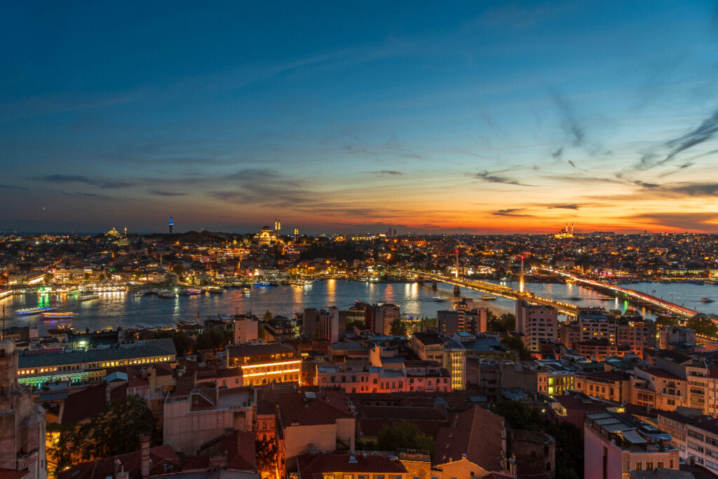 View of Sultanahmet from the Galata tower at sunset sunset over the Bosphorus